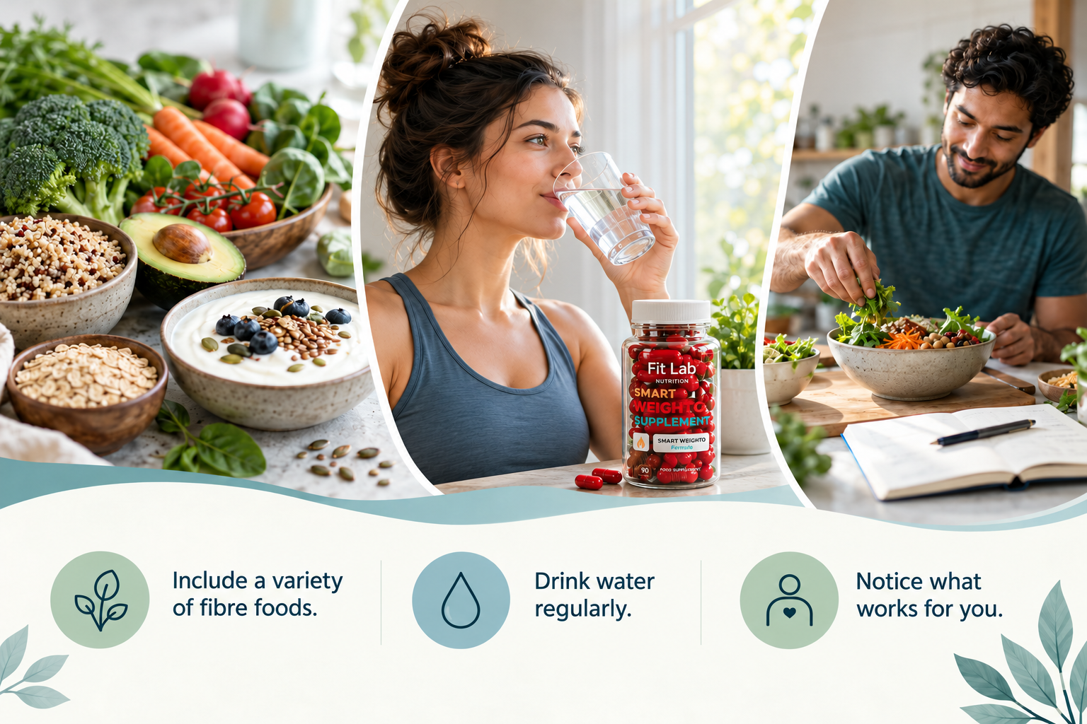 Supporting digestion as part of everyday wellbeing: Include a variety of fibre foods. Drink water regularly. Notice what works for you.