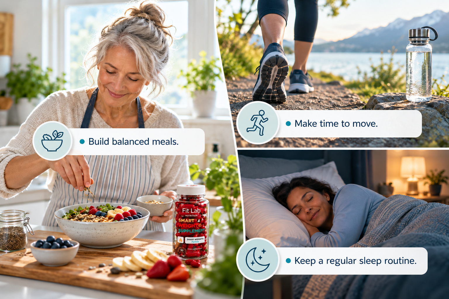 Wellbeing built on small, repeated decisions: Build balanced meals. Make time to move. Keep a regular sleep routine.