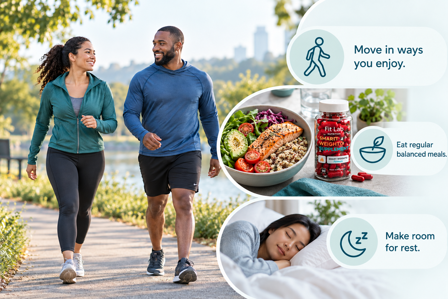 Metabolic health and active living: Move in ways you enjoy. Eat regular balanced meals. Make room for rest.