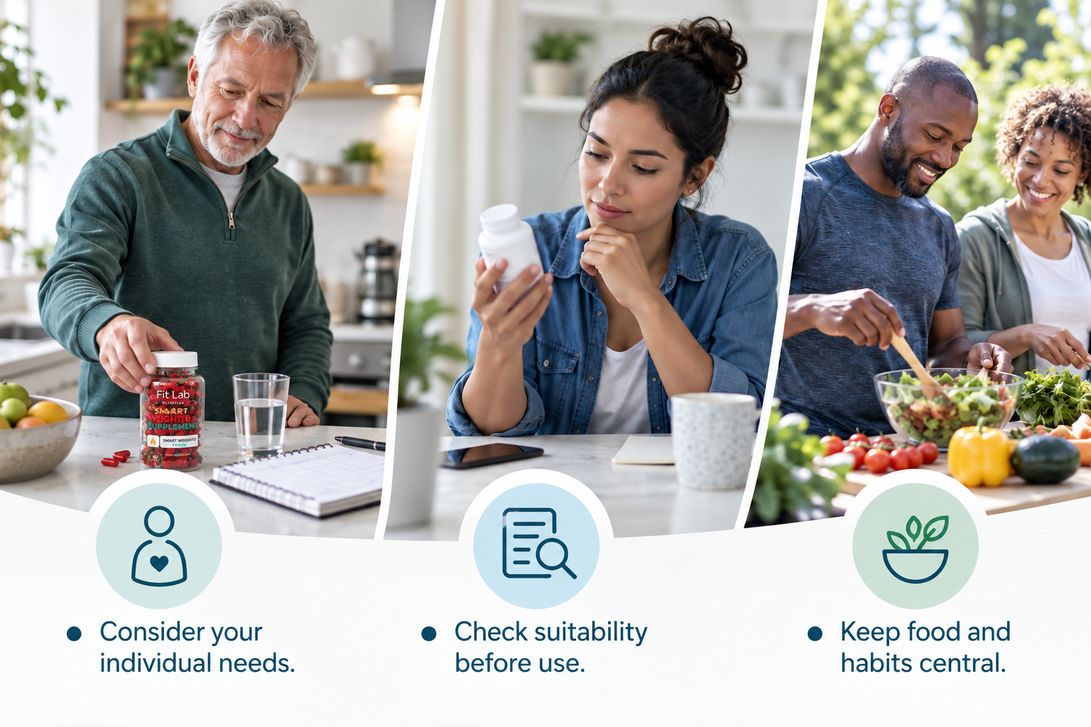 Using supplements thoughtfully: Consider your individual needs. Check suitability before use. Keep food and habits central.