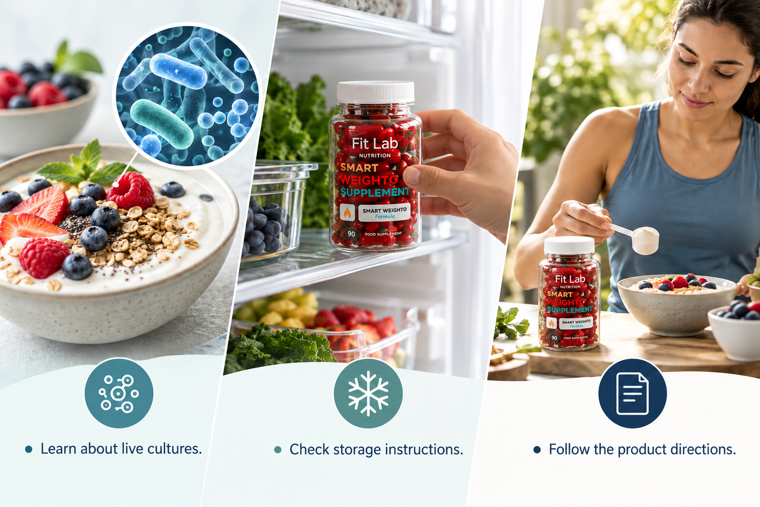 Daily Biome gut support with live cultures: Learn about live cultures. Check storage instructions. Follow the product directions.