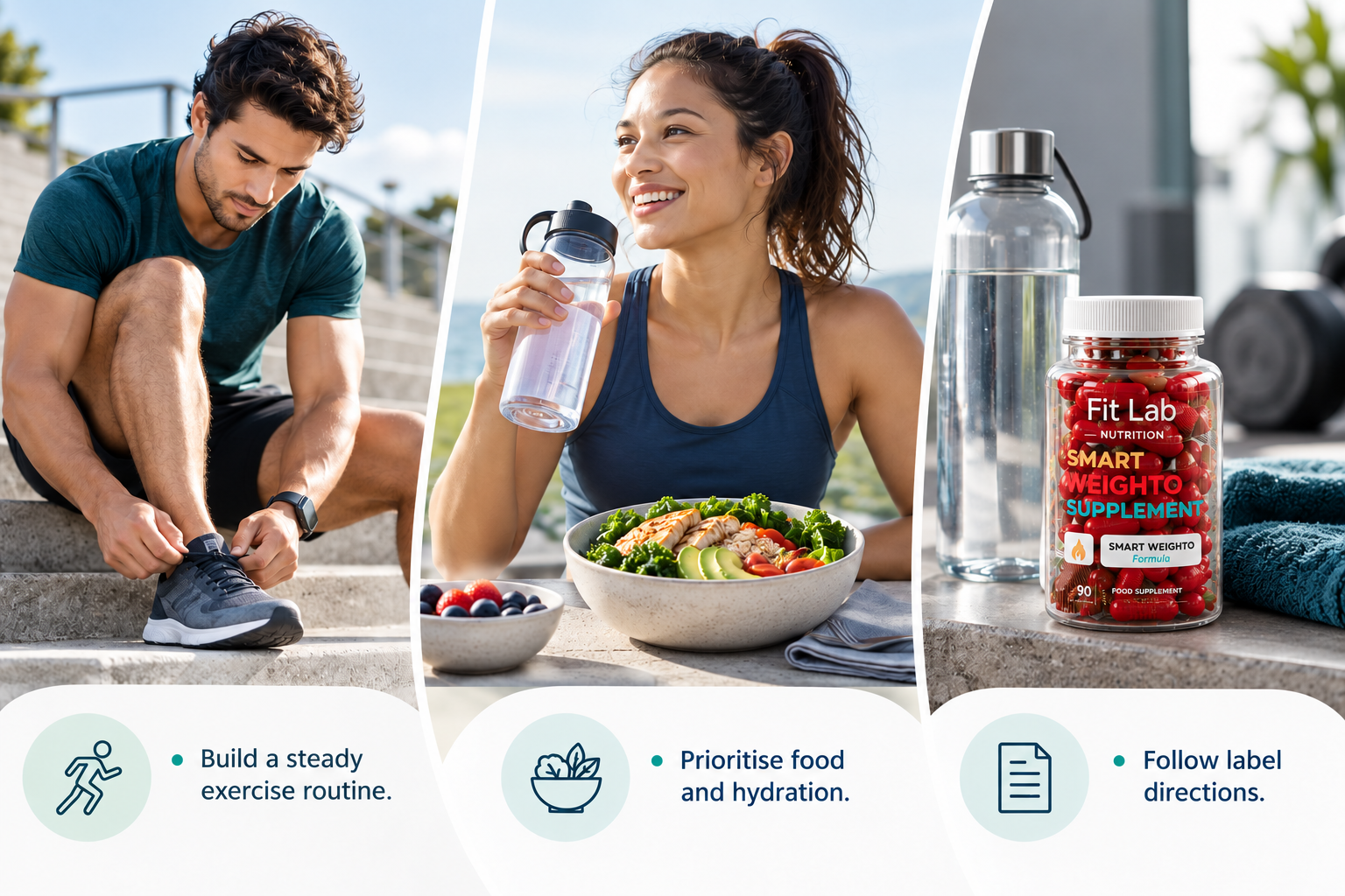 Smart Weighto energy weight management and gym routine: Build a steady exercise routine. Prioritise food and hydration. Follow label directions.
