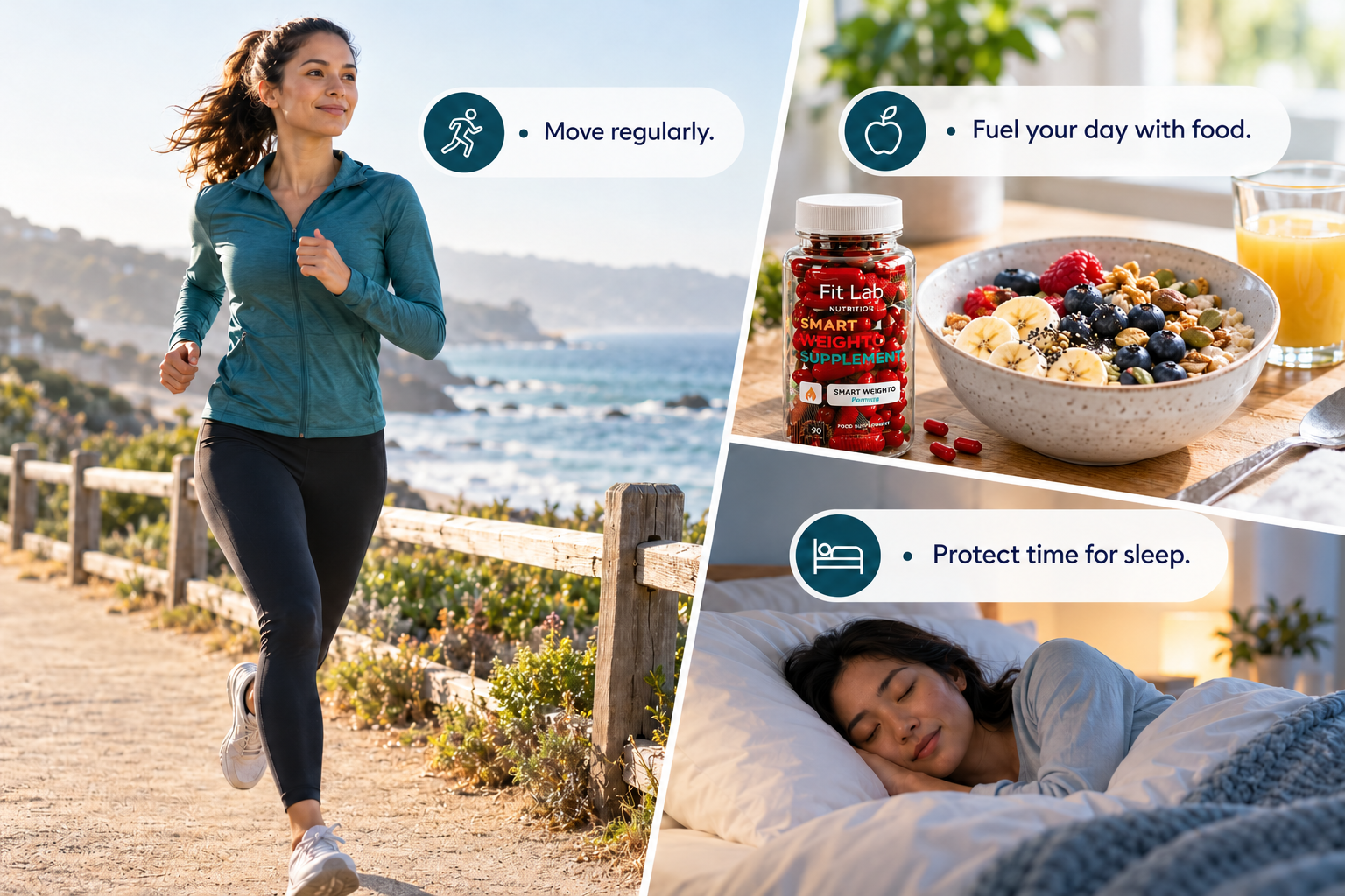 Active living energy and focus: Move regularly. Fuel your day with food. Protect time for sleep.