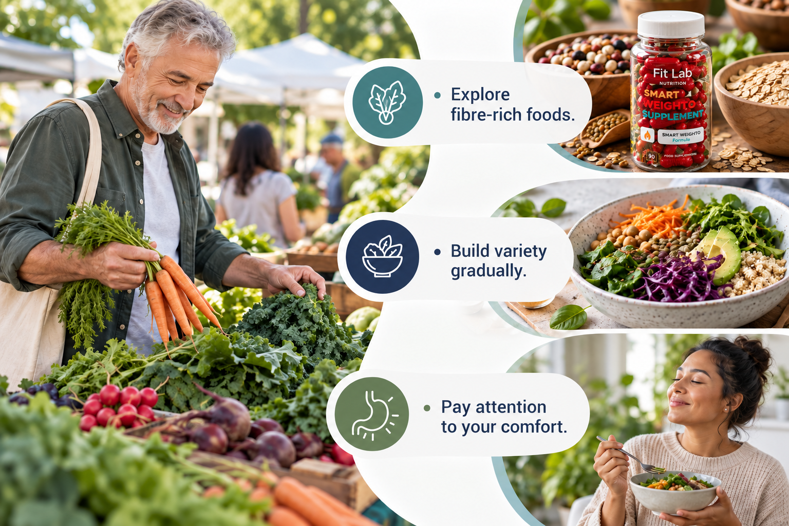 Gut health and microbiome support: Explore fibre-rich foods. Build variety gradually. Pay attention to your comfort.
