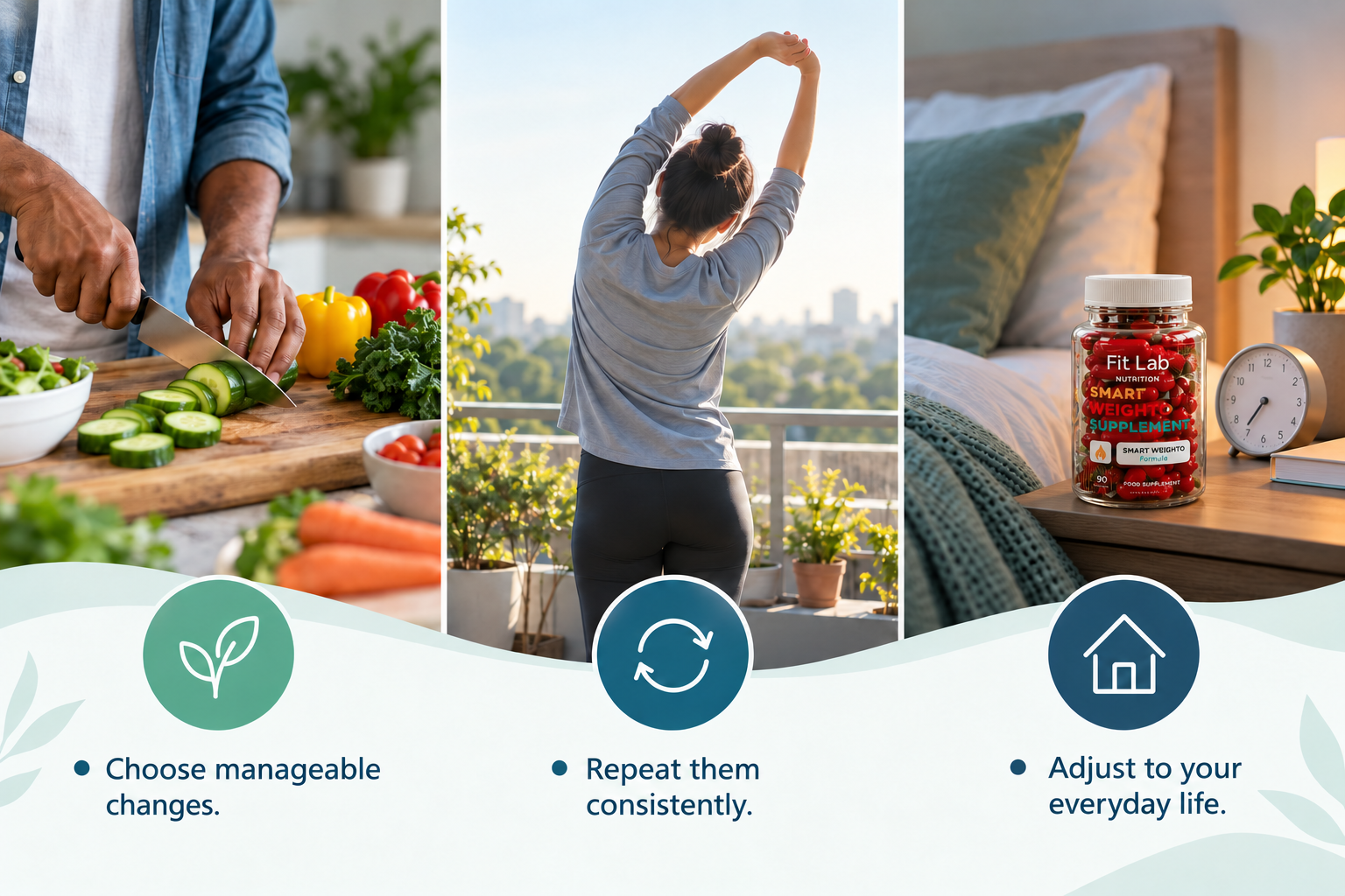 Wellbeing built from many small habits: Choose manageable changes. Repeat them consistently. Adjust to your everyday life.