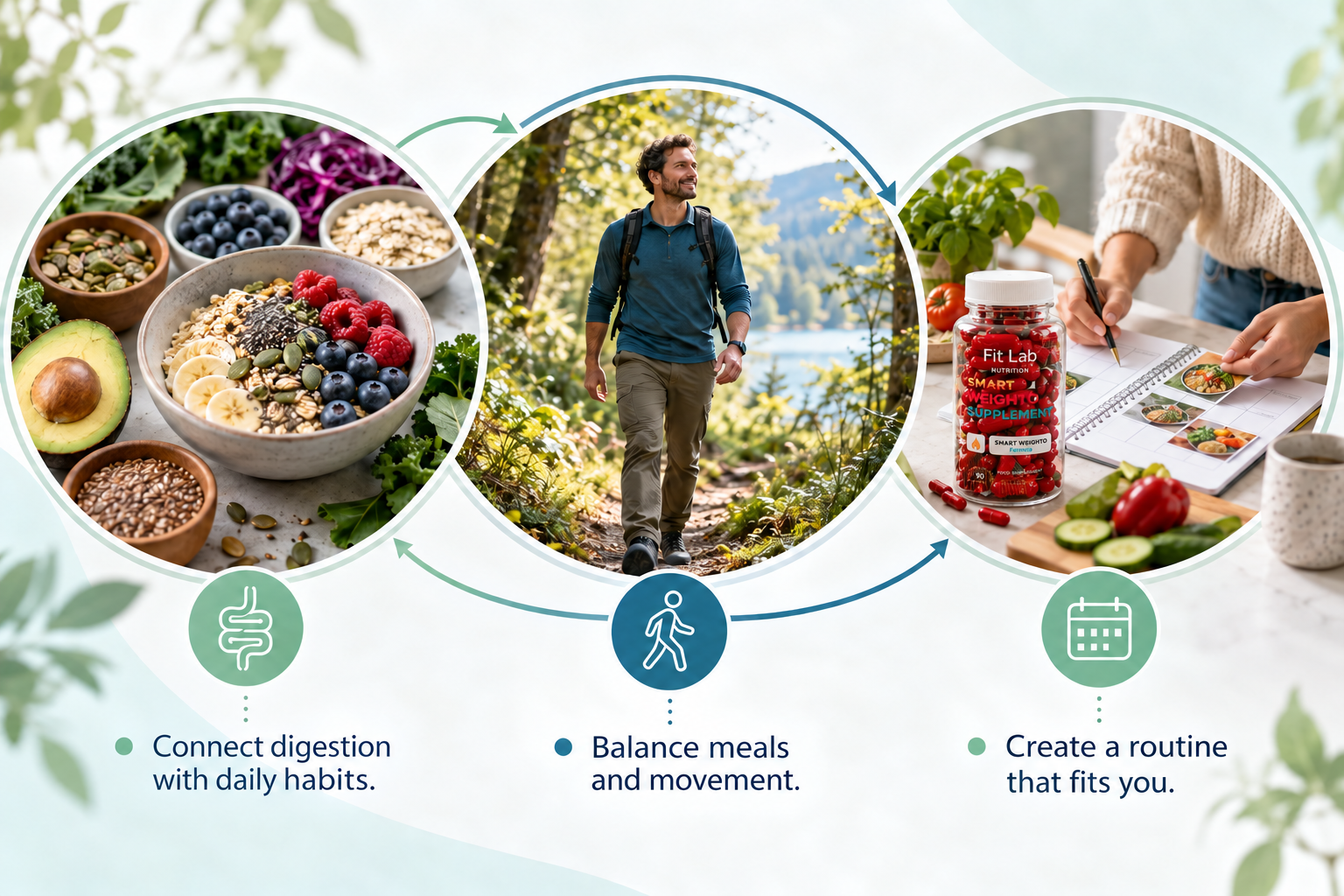 How the three service areas work together: Connect digestion with daily habits. Balance meals and movement. Create a routine that fits you.